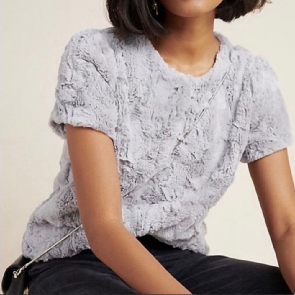 NWT By Anthropologie Faux Fur Top Sz L Gray